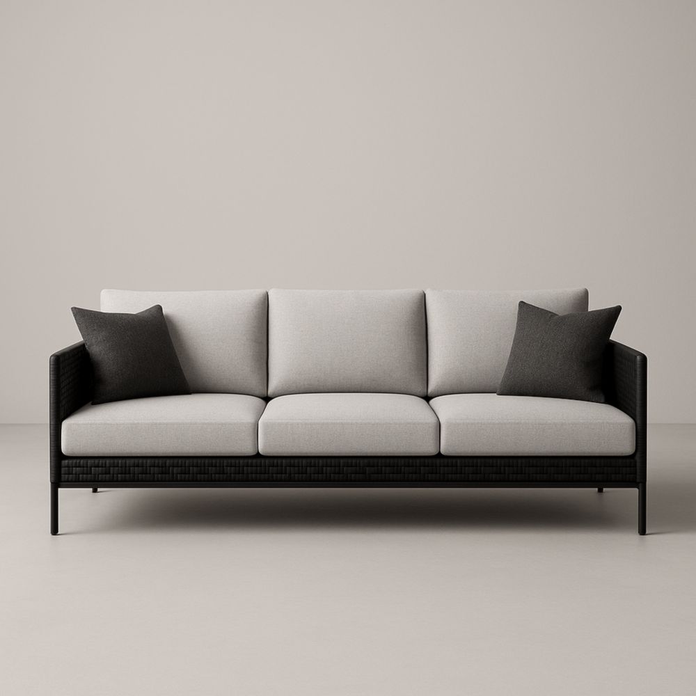 Canapé 3 places structure métallique noire et coussins en polyester gris