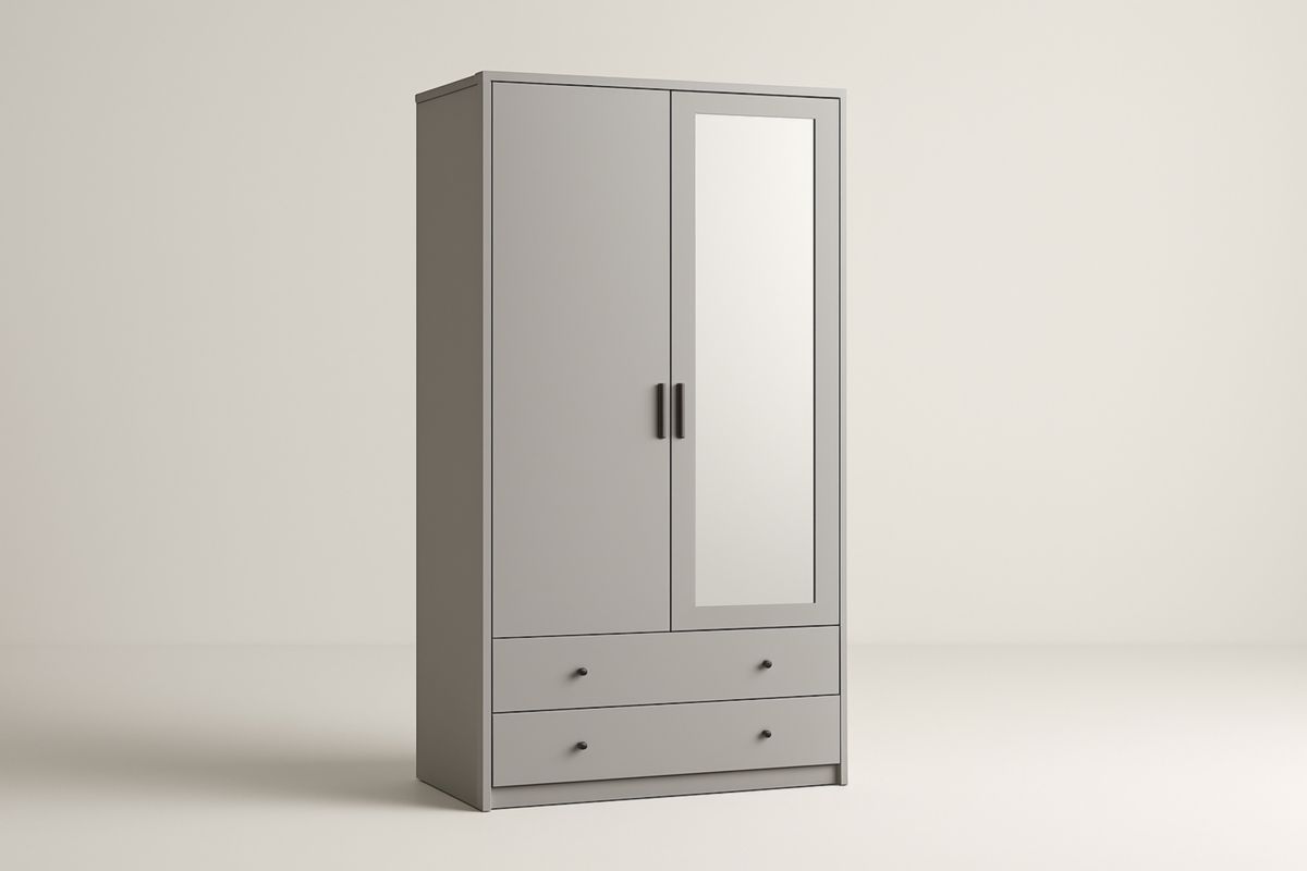 Armoire en MDF avec miroir, deux portes et deux tiroirs gris