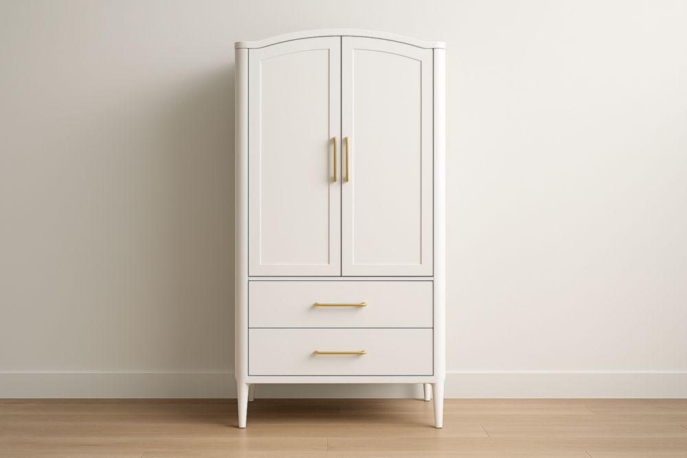 Armoire en Bois Massif Blanc avec Poignées en Aluminium Or 2 Portes 2 Tiroirs 180cm