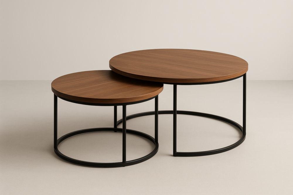 Tables gigognes Rondes en MDF et Acier Noir, Ensemble de 2