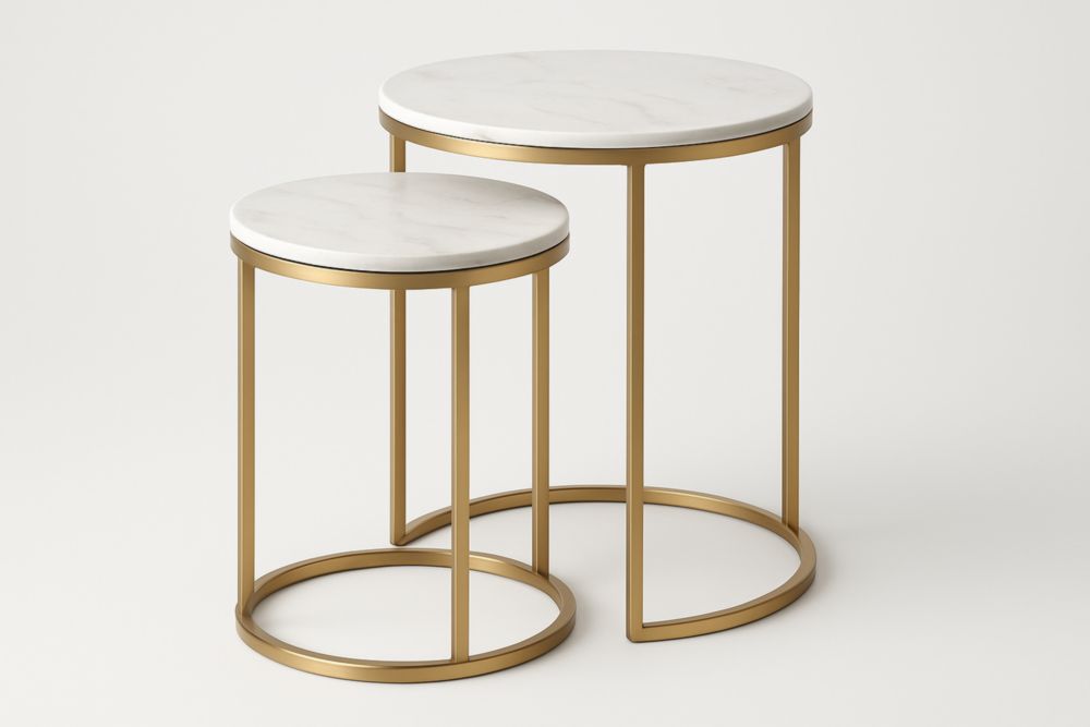 Tables gigognes de Rondes en Marbre et  Acier Doré