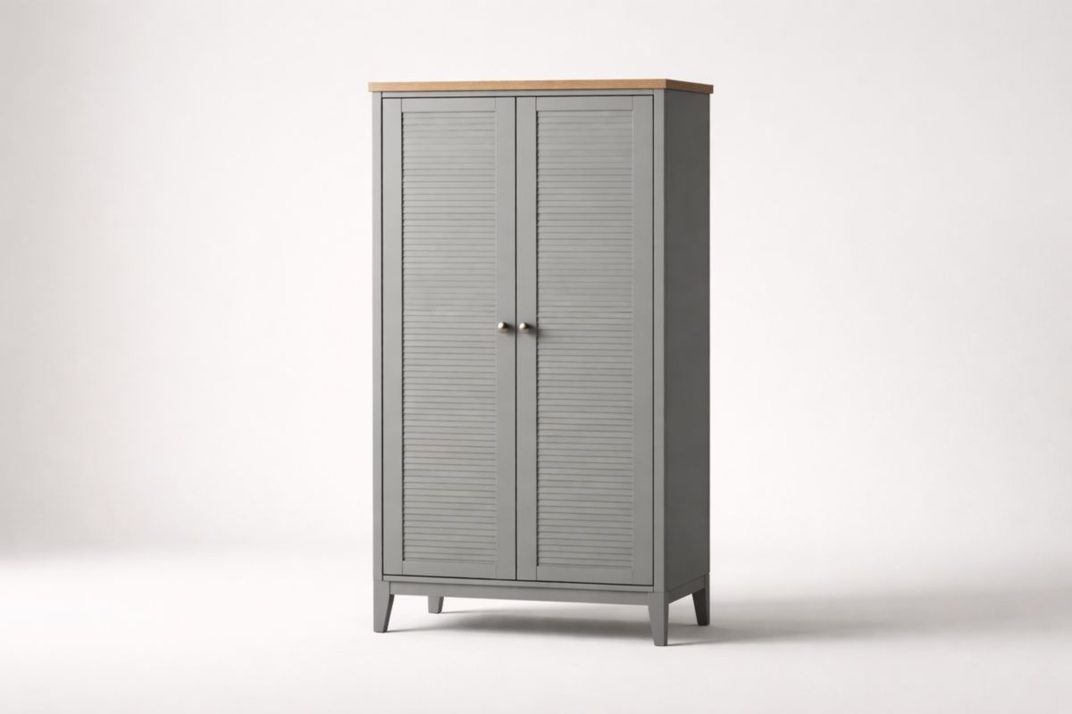 Armoire en MDF Gris avec Plateau Supérieur en Bois massif Naturel