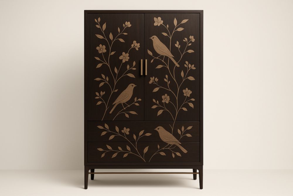Armoire en Bois massif avec Décor Oiseaux et Fleurs 200x90x50 cm