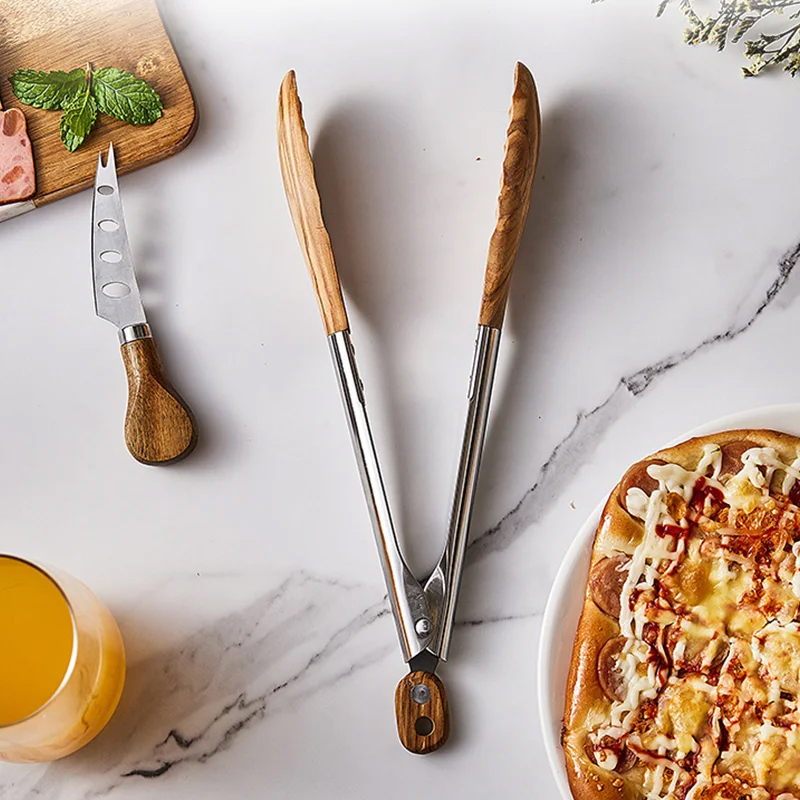Stainless Steel Wooden Food Tongs for Black Walnuts and Olives