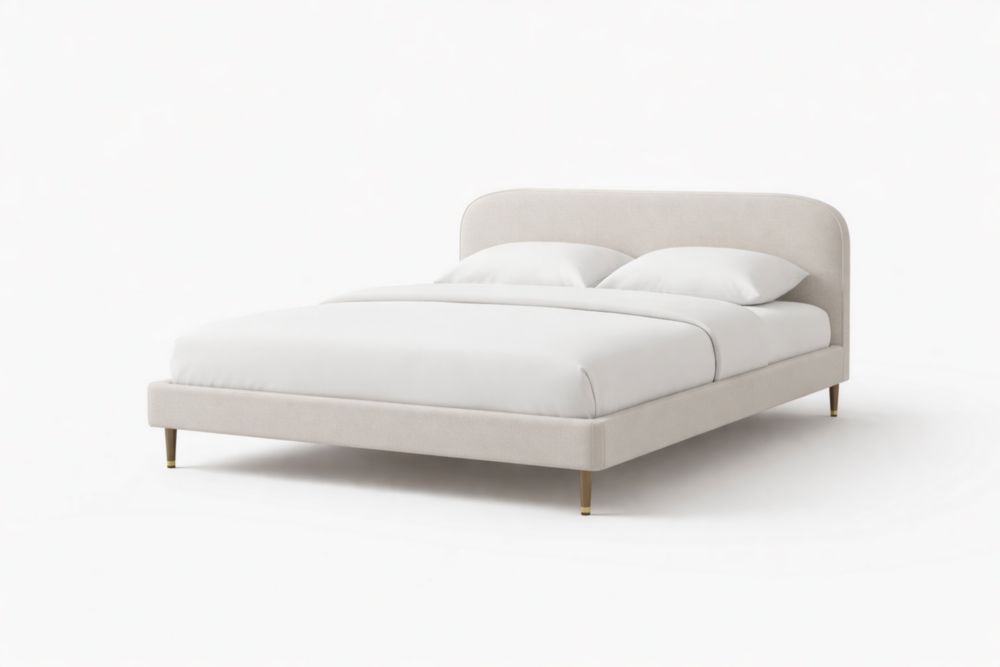 Lit en tissu beige avec pieds en métal