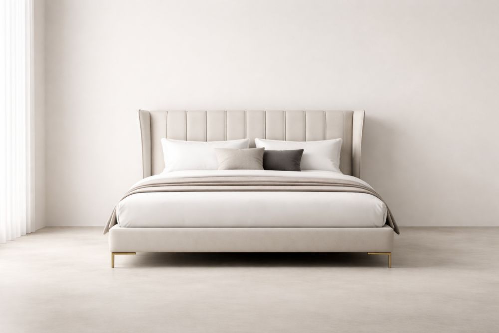 Lit double en tissu polyester avec tête de lit rembourrée et pieds en métal 160x200×120 cm