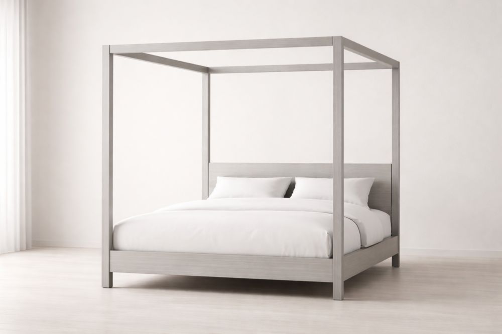 Lit à baldaquin en bois gris avec matelas et oreillers