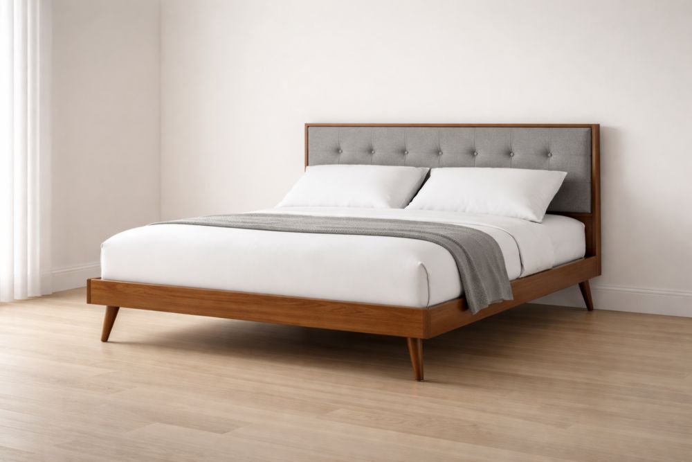 Lit double en bois avec tête de lit rembourrée 160x200×100 cm Gris