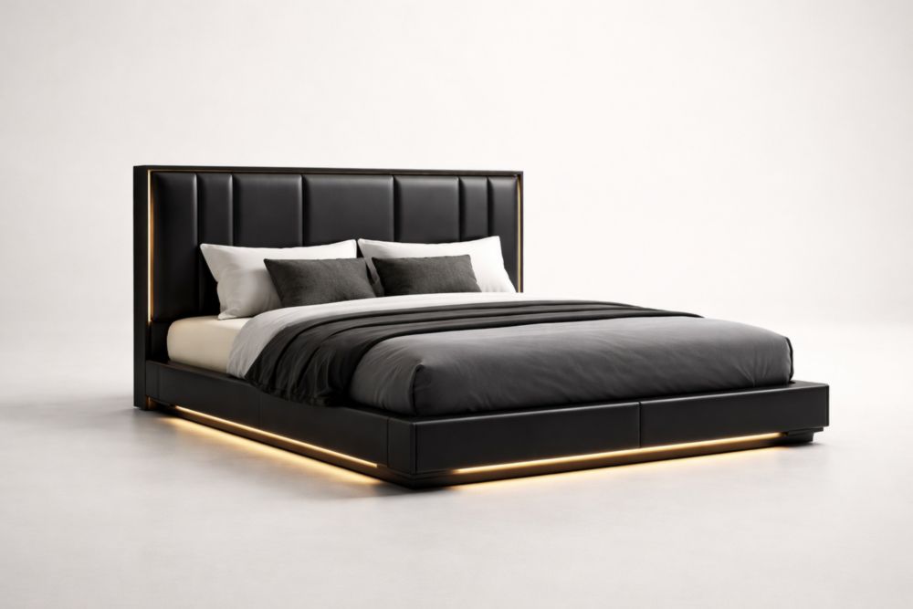 Lit double en PU noir avec éclairage intégré et tête de lit matelassée