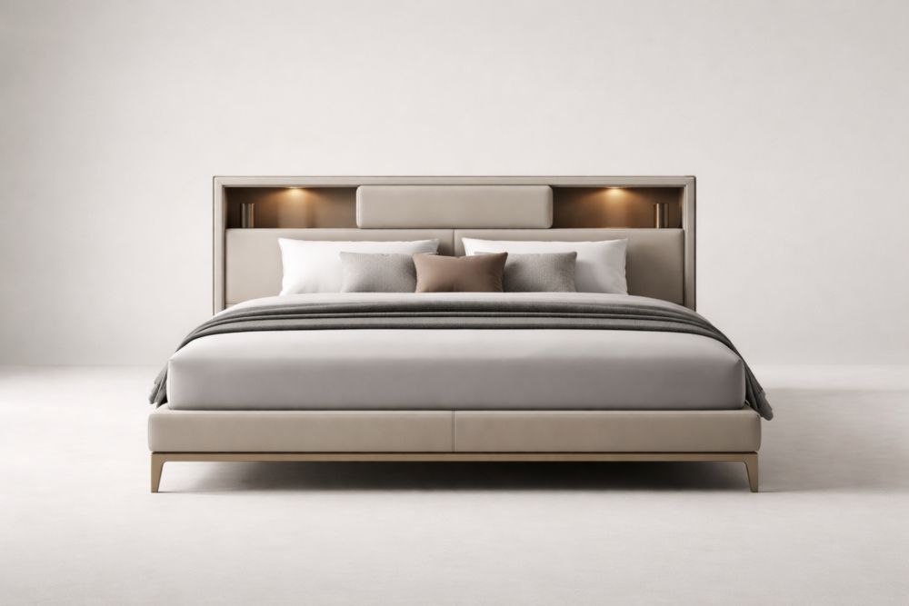 Lit double en bois massif avec revêtement PU et éclairage intégré