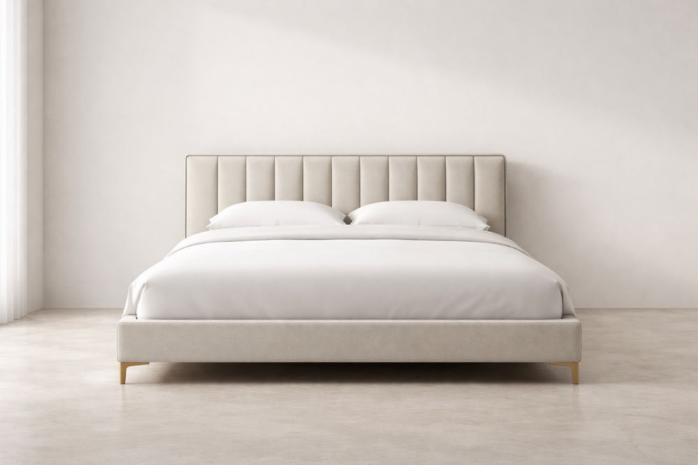 Lit double en tissu beige et bois