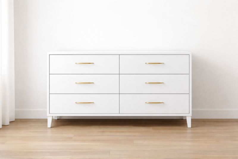 Commode en bois d'ingénierie blanc avec poignées dorées 6 tiroirs