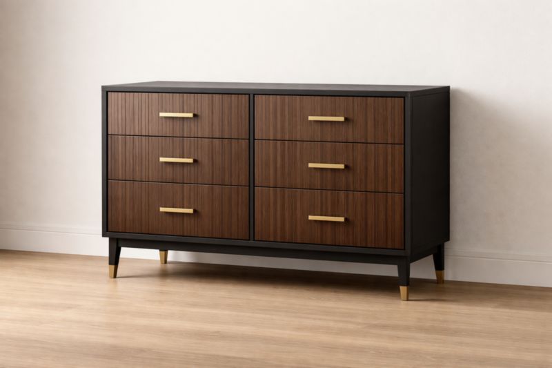 Commode en Bois de Noyer et Aluminium Noir/Doré à Six Tiroirs