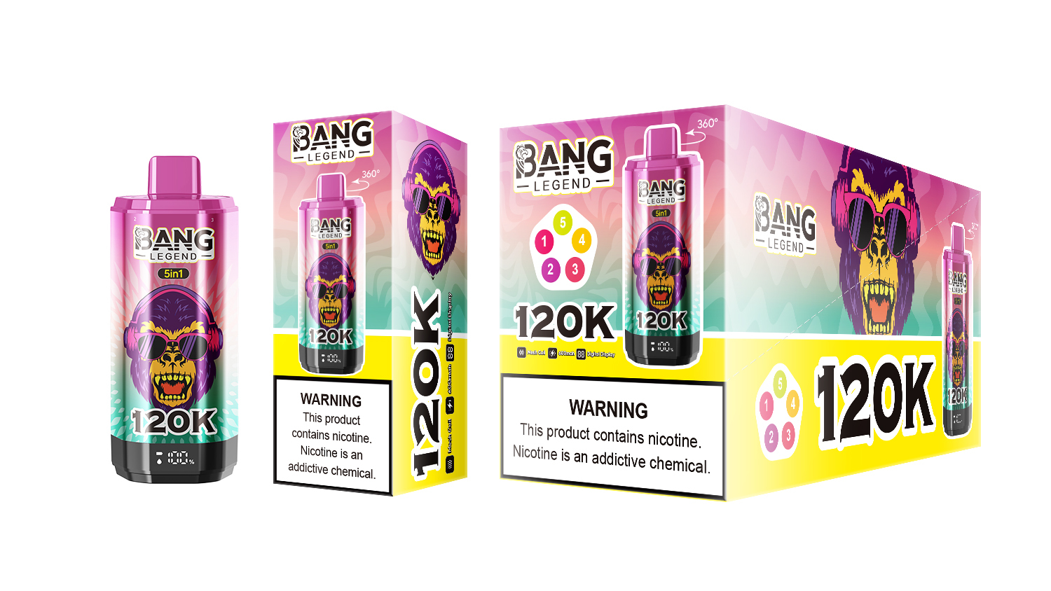 Bang Legend 120000 Puffs 5 in1 Flavor Disposable Vape - Strawberry Watermelon & Grape Ice & Red Mojito & Banana Ice & Lemon Lime