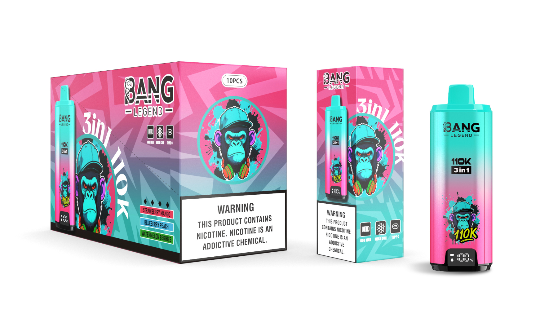 Bang Blaze 110000 Puffs 3 in1 Flavor Disposable Vape - Strawberry Mango & Blueberry Peach & Watermelon Berries