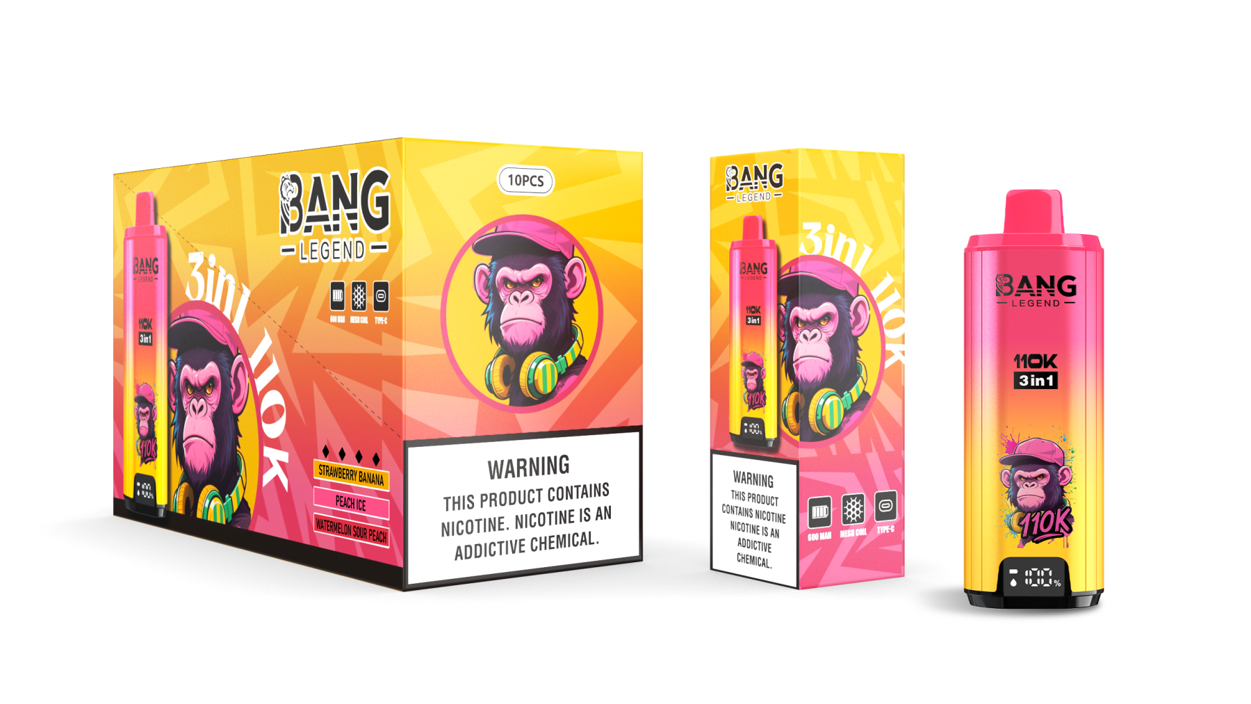 Bang Blaze 110000 Puffs 3 in1 Flavor Disposable Vape - Strawberry Banana & Peach Ice & Watermelon Sour Peach