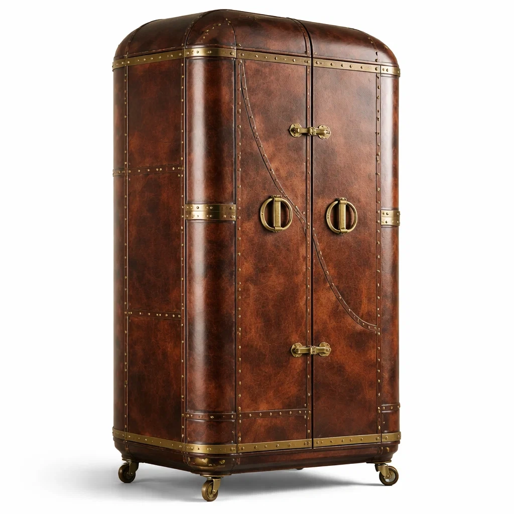 Vintage Leather Style Wardrobe Cabinet-NestSolara