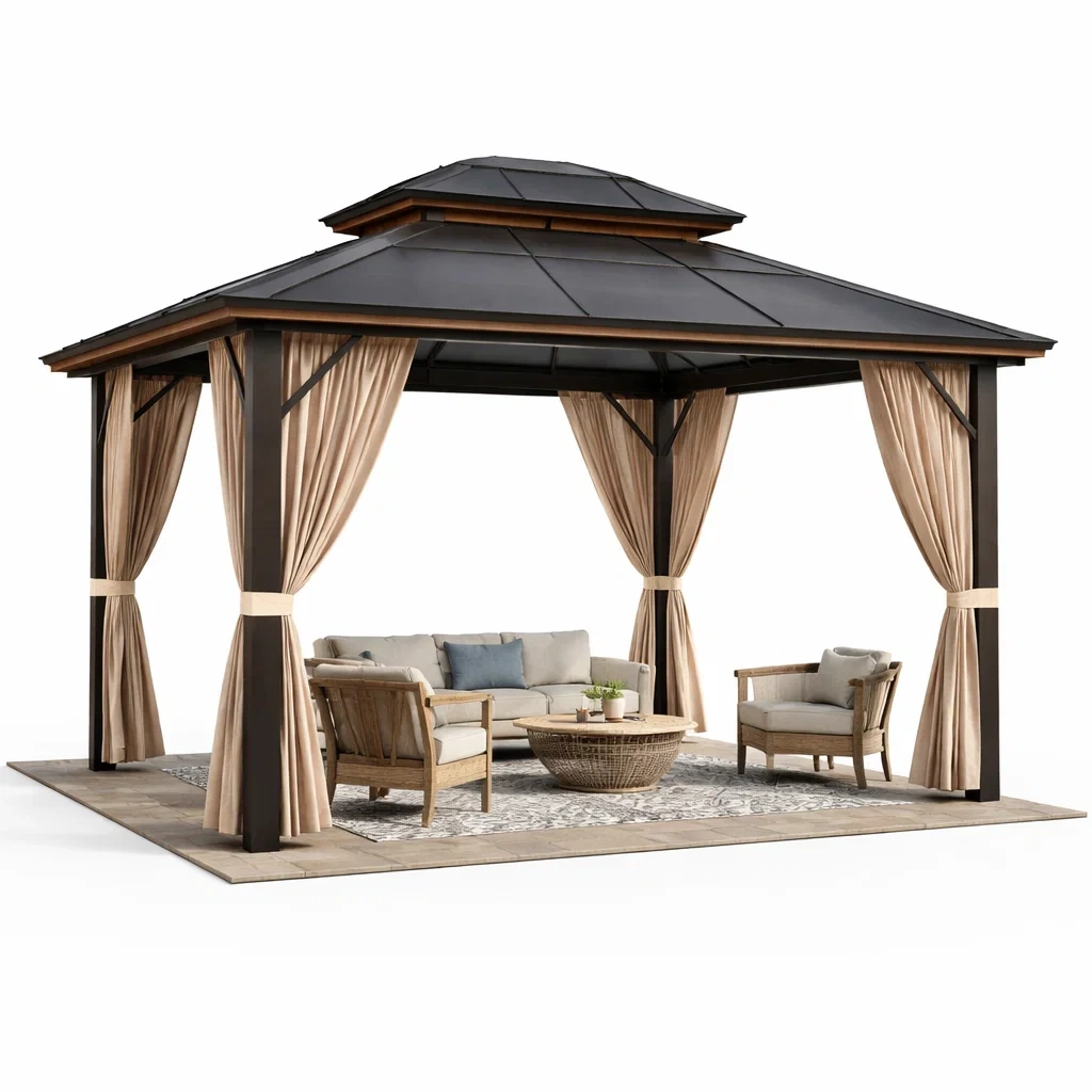 Outdoor Hardtop Patio Gazebo With Curtains-UrbanLoria
