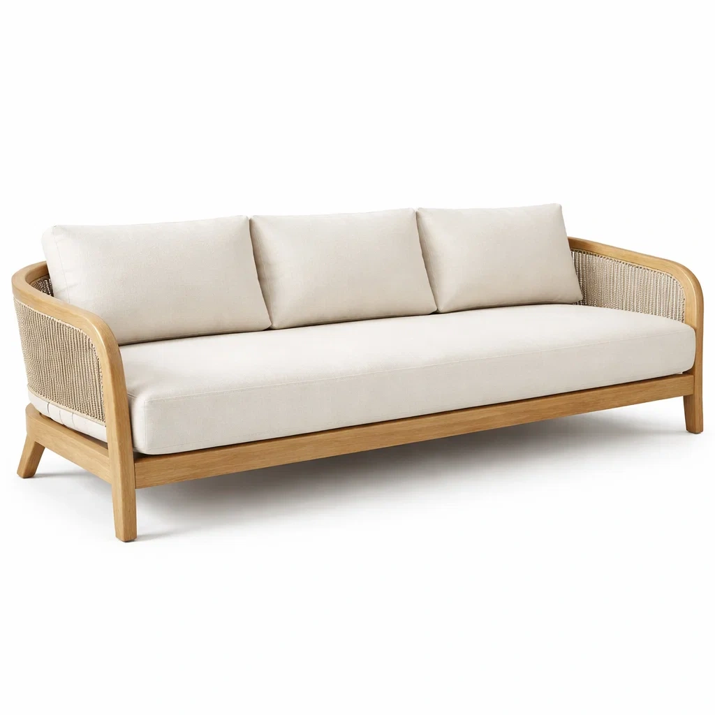 Beige Wood Frame Woven Panel Sofa-UrbanLoria