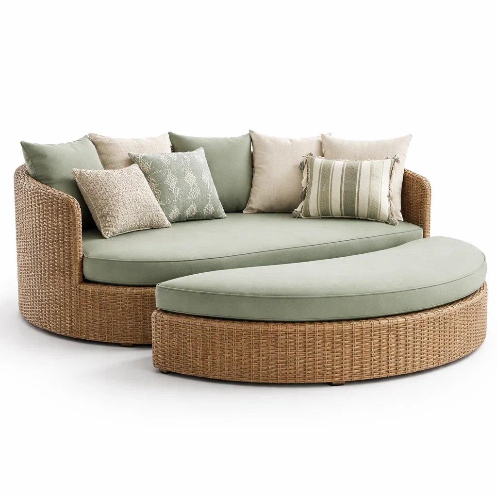 Green Rattan Curved Lounge Sofa Set-UrbanLoria