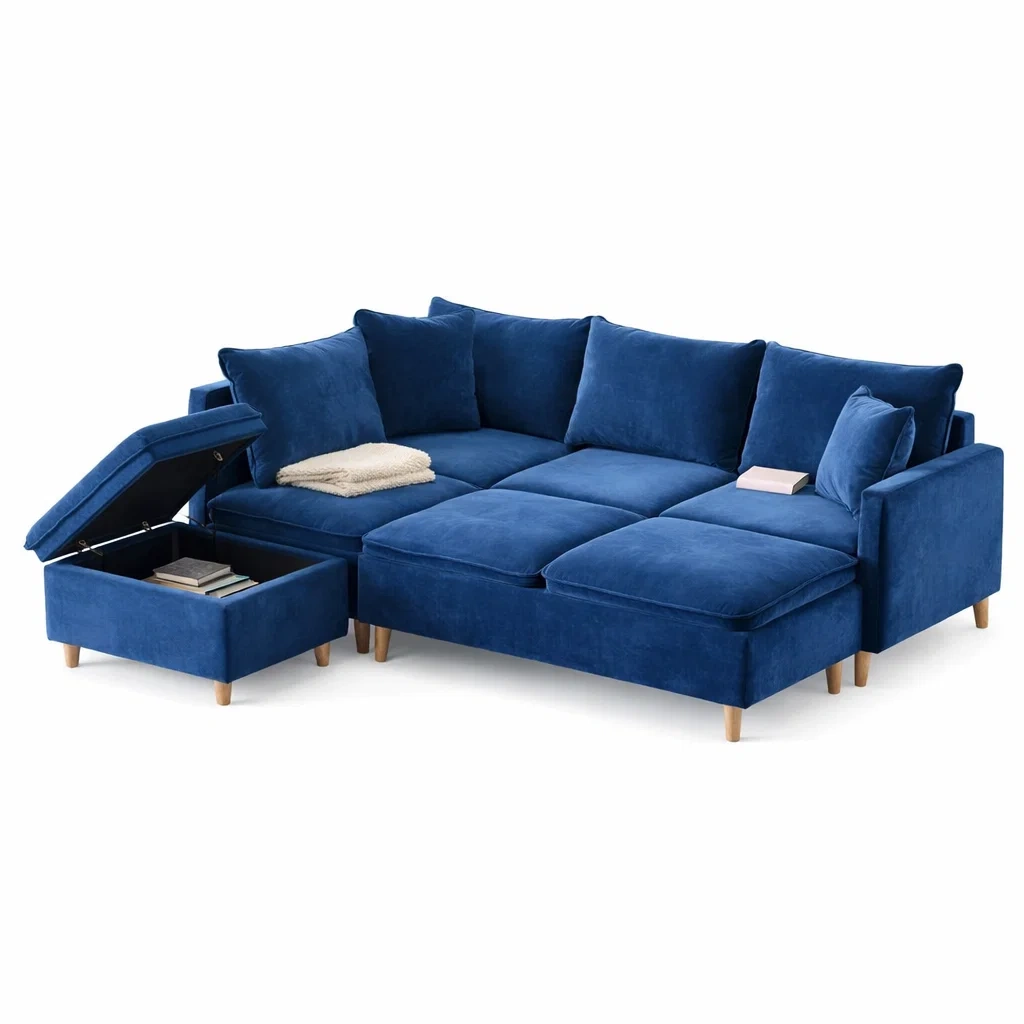 Blue Velvet Storage Sectional Sofa-UrbanLoria
