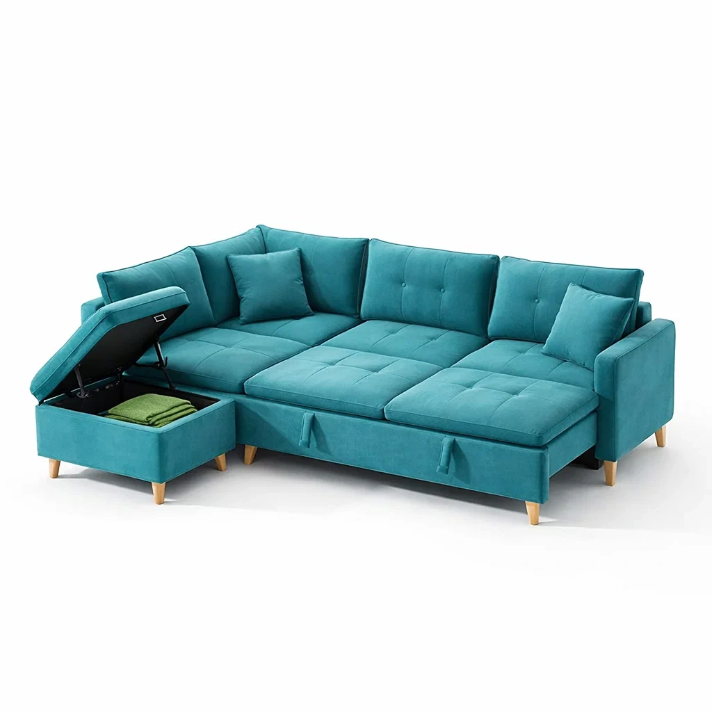 Teal Fabric Storage Sofa Bed-UrbanLoria