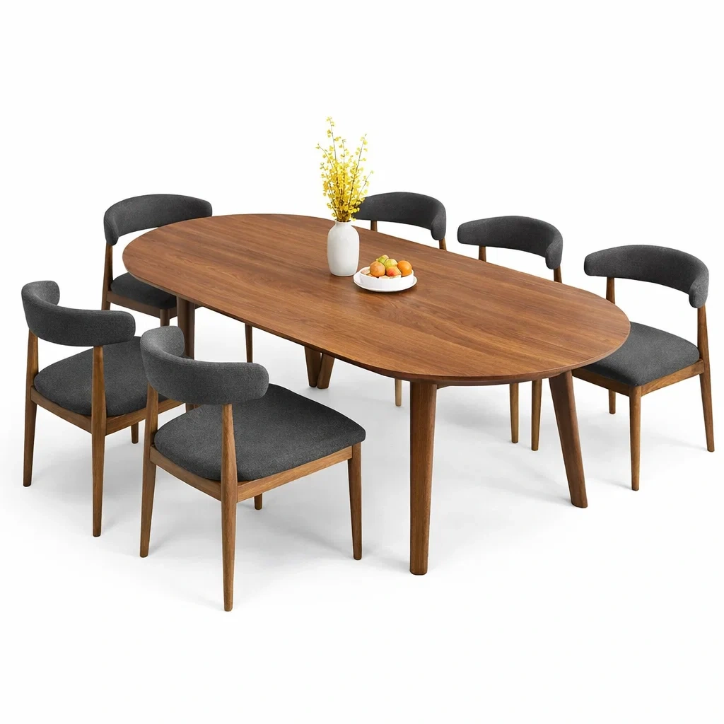 Brown Solid Wood Oval Dining Table Set-UrbanLoria