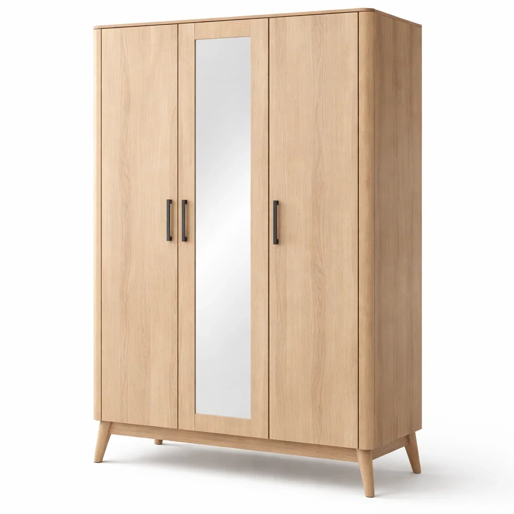 Beige Wood Mirror Wardrobe Cabinet-UrbanLoria