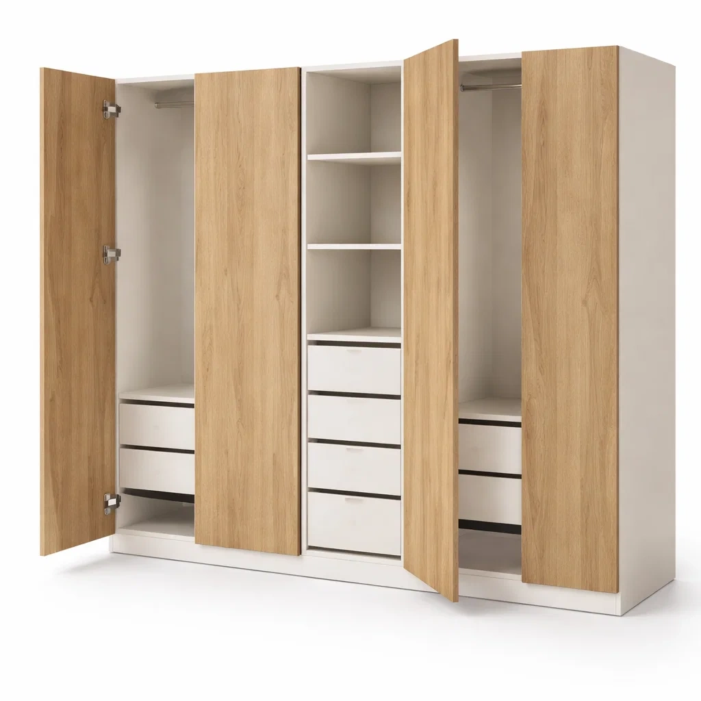 Beige Wood Large Wardrobe Cabinet-UrbanLoria