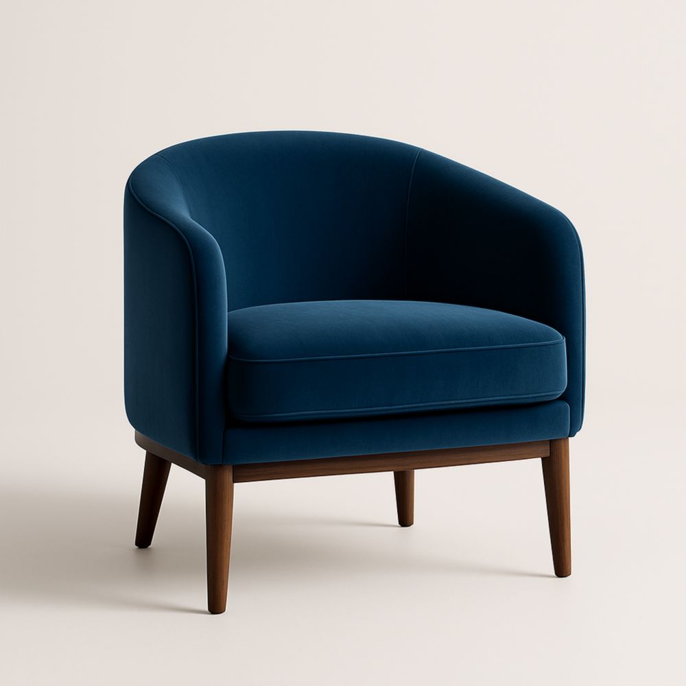 Fauteuil en velours bleu avec pieds en bois