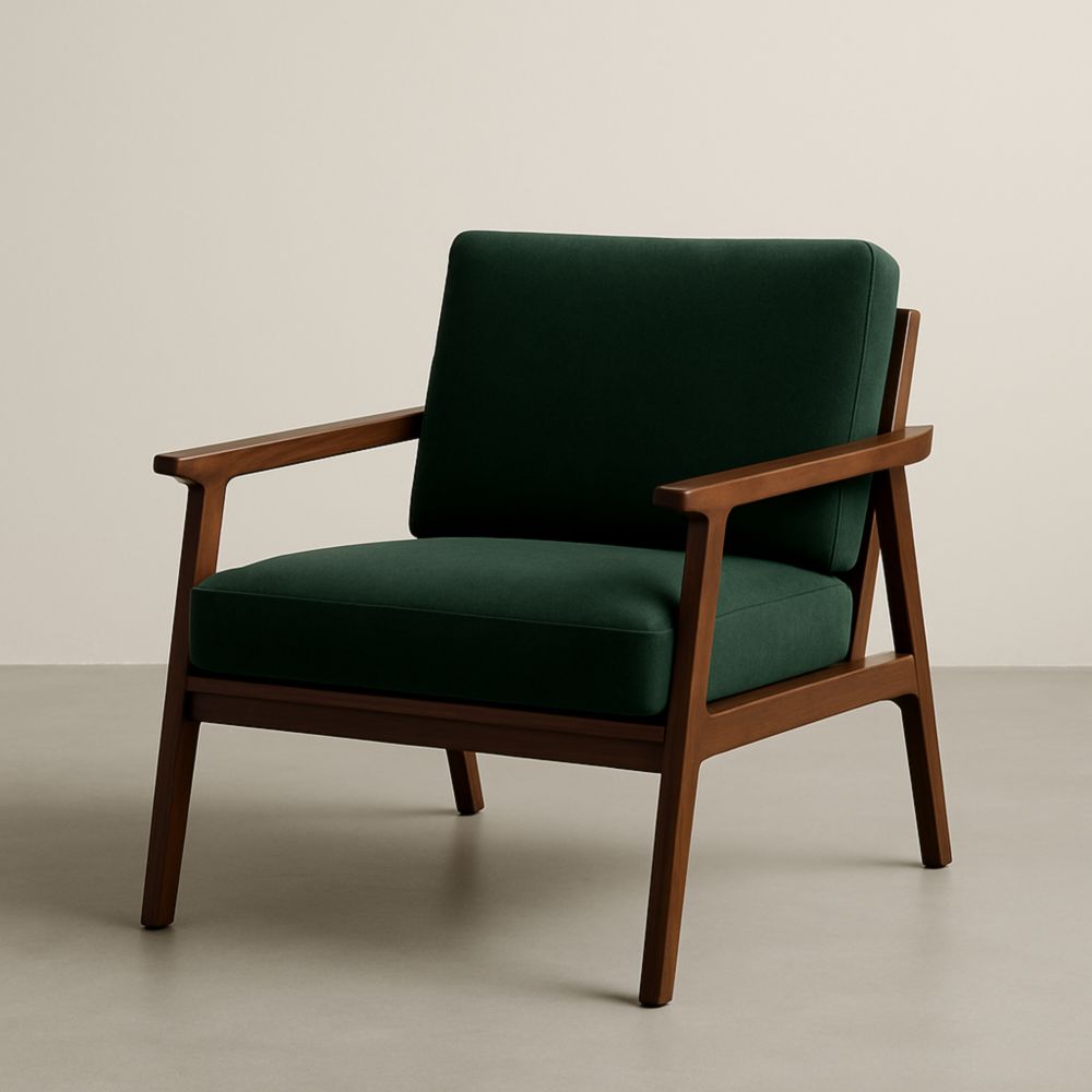 Fauteuil en bois avec coussin vert en polyester