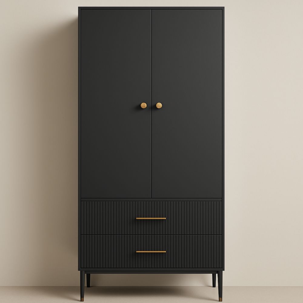 Armoire en MDF Noir avec 2 Portes et 2 Tiroirs 180 cm