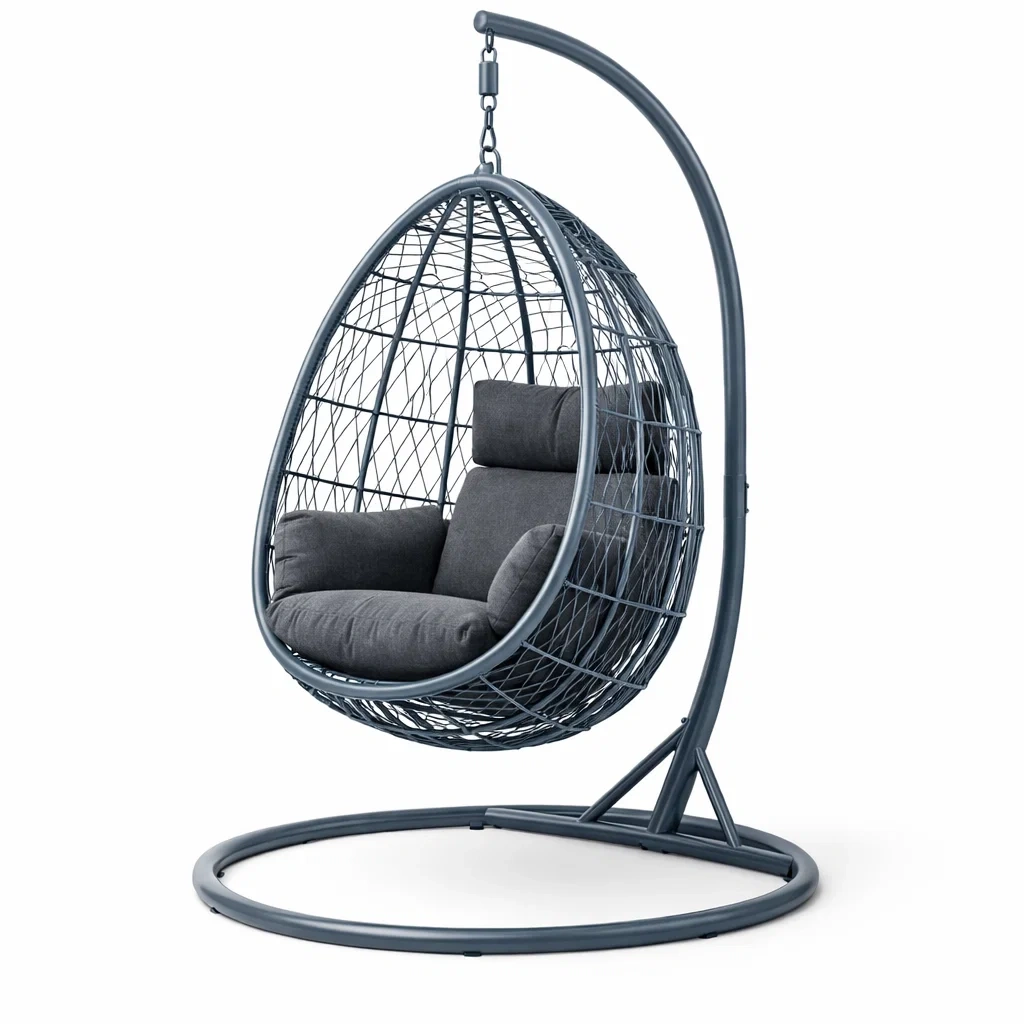 Eiförmiger hängesessel mit gestell aus metall mit polyesterkissen dunkelgrau-LIVINGCRAFTPRO