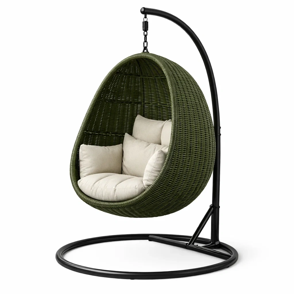 Eiförmiger hängesessel mit gestell aus rattan grün mit metallgestell und polyesterpolster-LIVINGCRAFTPRO