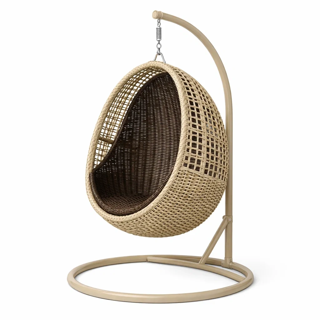 Eiförmiger hängesessel mit gestell aus polyethylen rattan beige braun mit stahlgestell-LIVINGCRAFTPRO