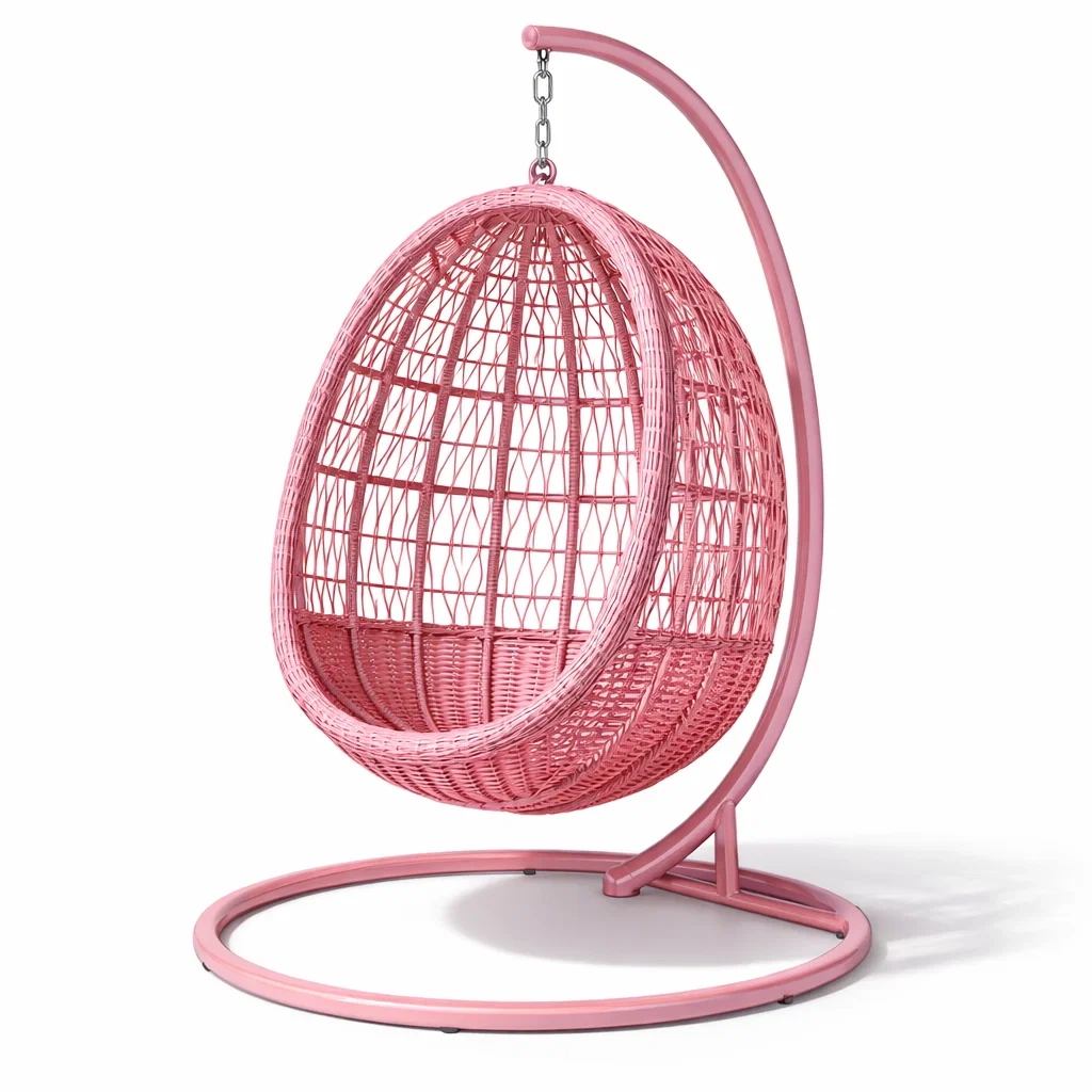 Eiförmiger hängesessel mit gestell aus rattan rosa mit stahlrahmen-LIVINGCRAFTPRO