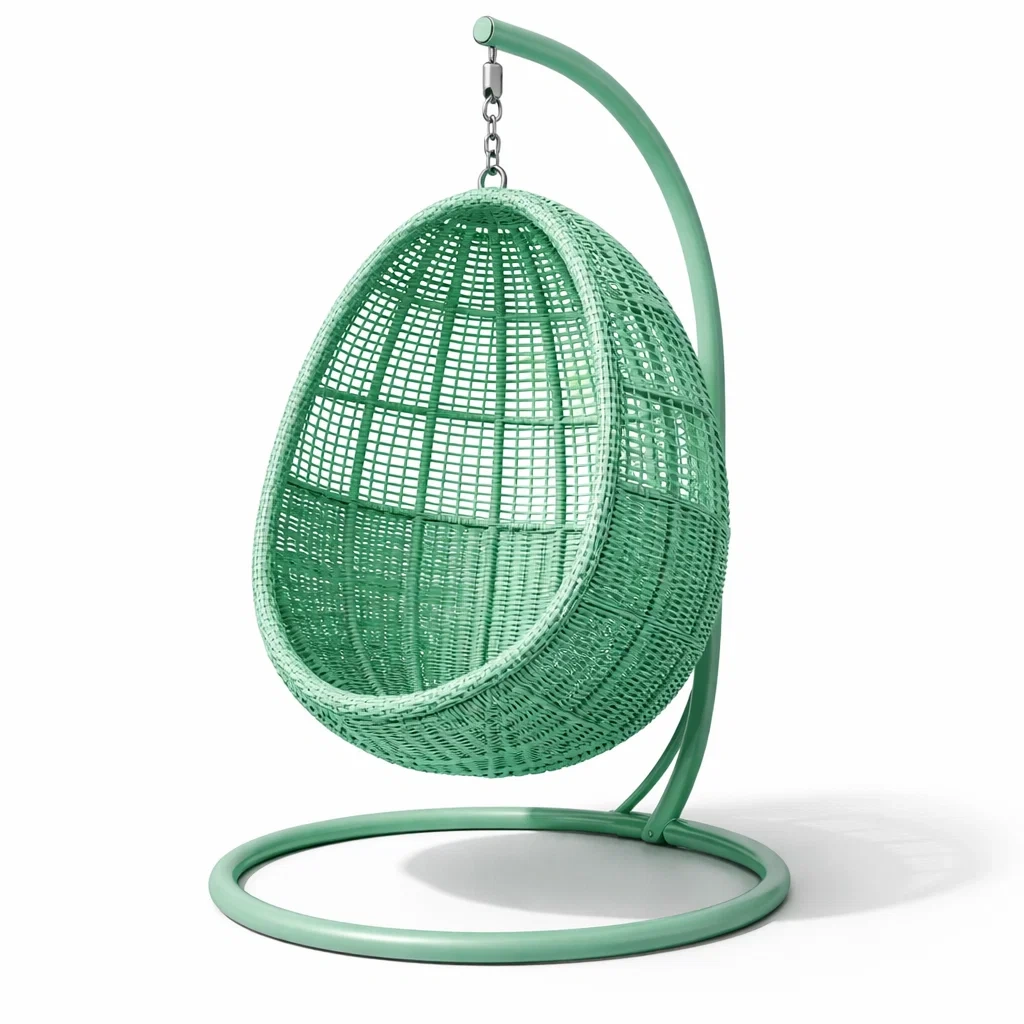 Eiförmiger hängesessel mit gestell aus rattan grün mit metallgestell-LIVINGCRAFTPRO