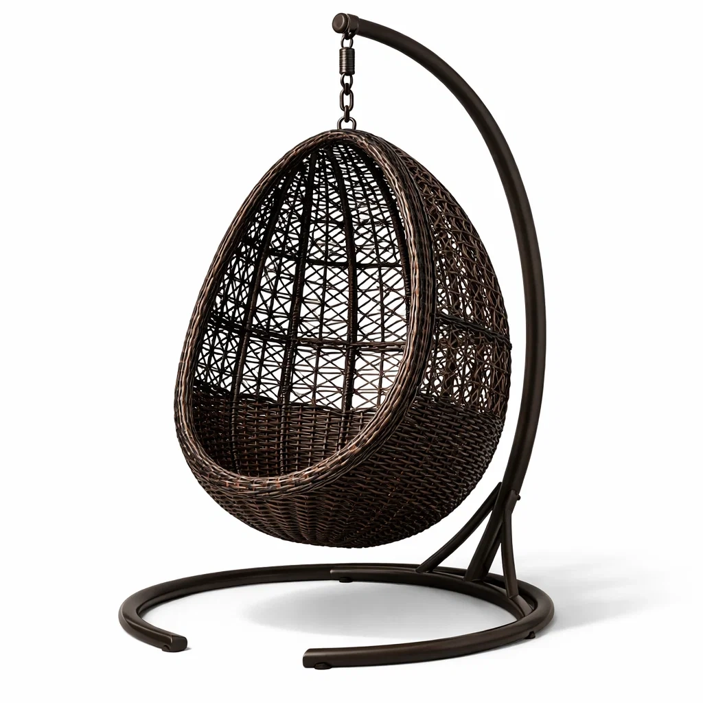 Eiförmiger hängesessel mit gestell aus rattan braun mit stahlgestell-LIVINGCRAFTPRO