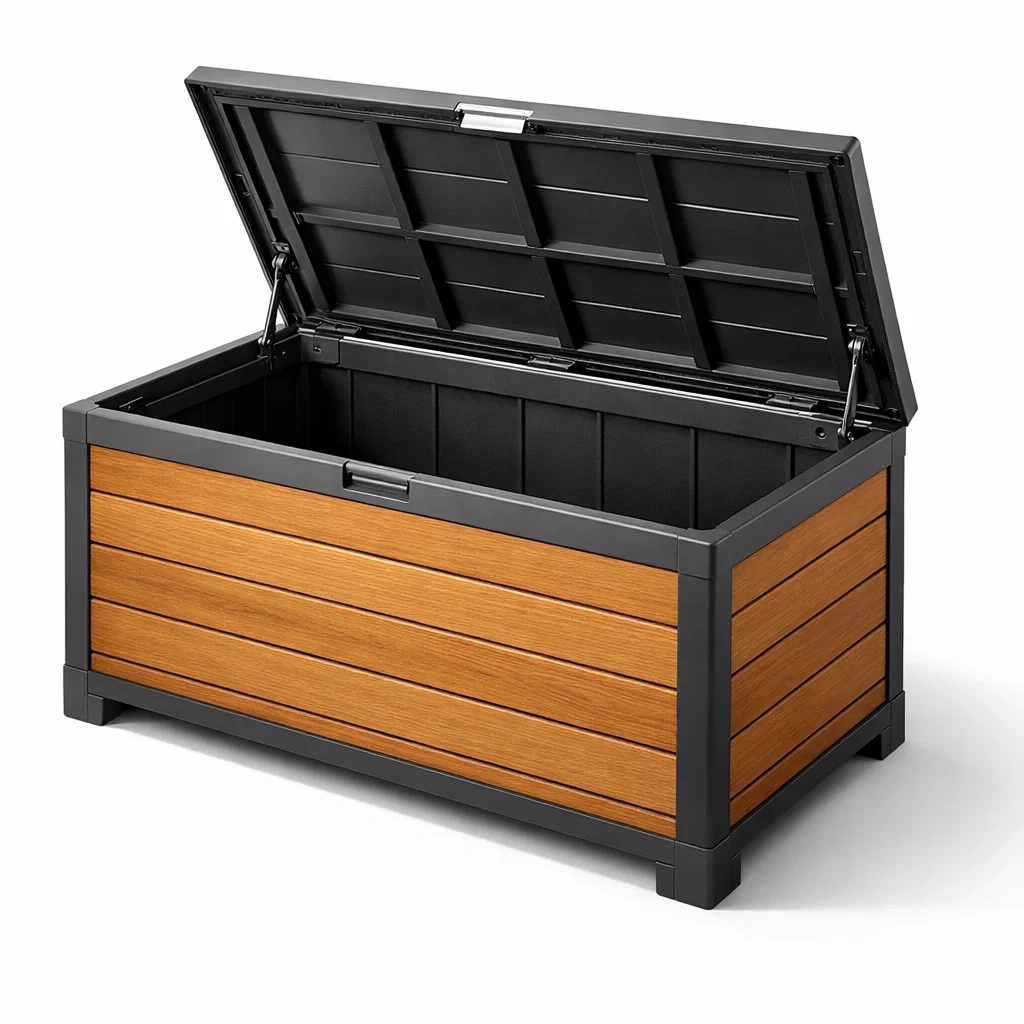 Gartenaufbewahrungsbox aus kunststoff in holzoptik braun-LIVINGCRAFTPRO