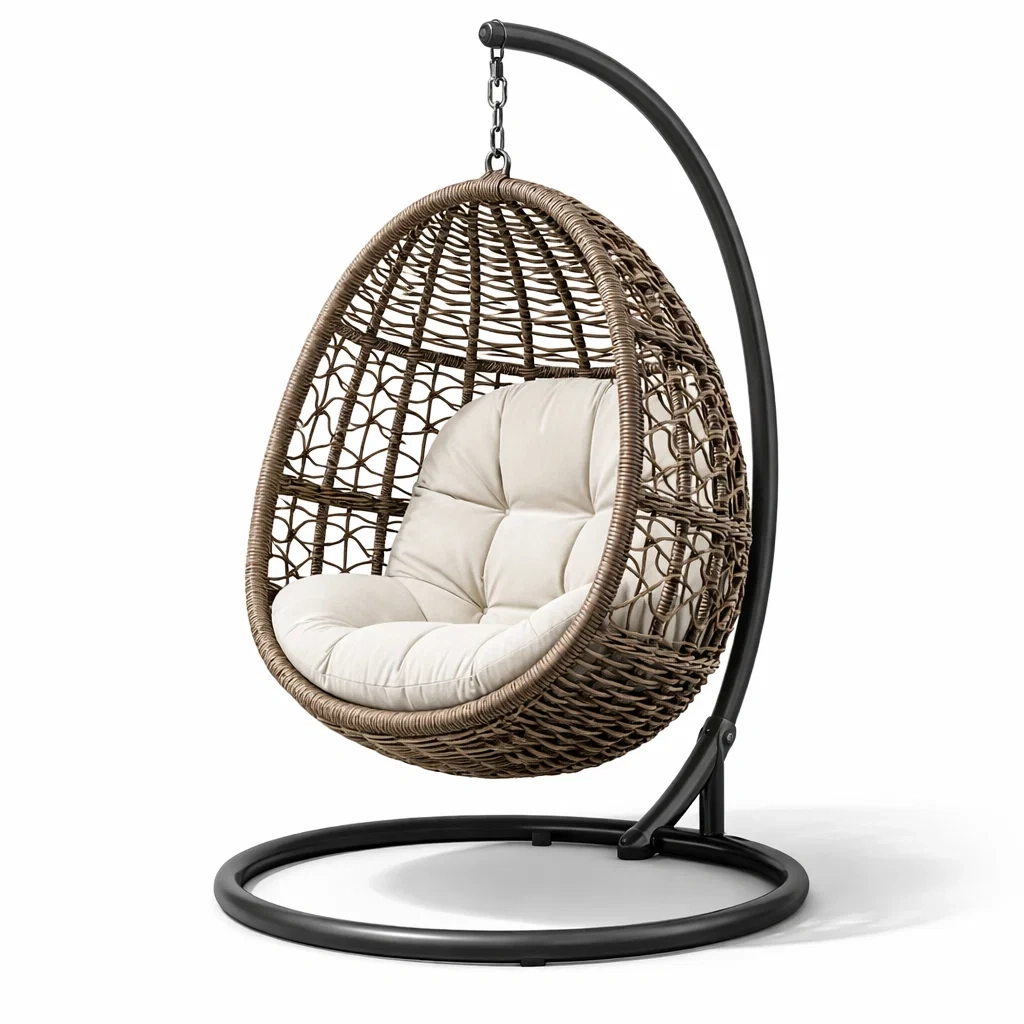Eiförmiger hängesessel mit gestell aus polyrattan braun mit kissen-FURNISHELITECO