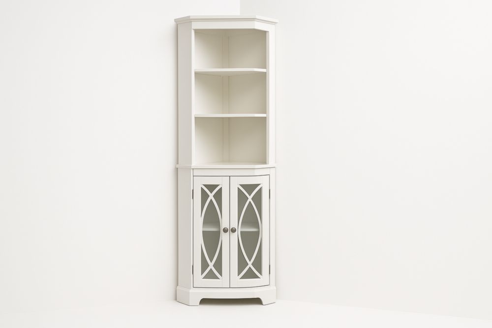 Bibliothèque d'angle en bois MDF avec portes en verre blanc-Hemloxyn