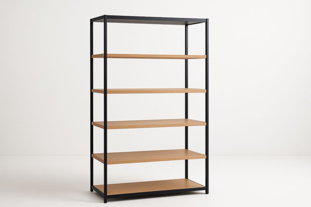 Bibliothèque en acier noir et bois de chêne 5 niveaux 180x90x30cm(H×l×P)-Hemloxyn