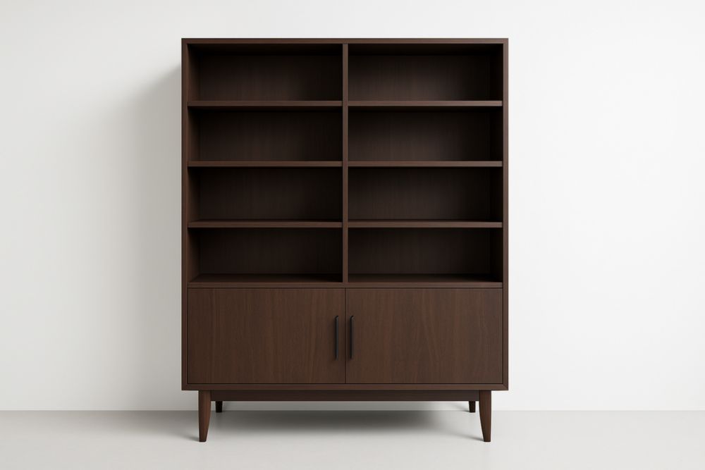 Bibliothèque en bois massif de noyer marron avec étagères et portes-Hemloxyn