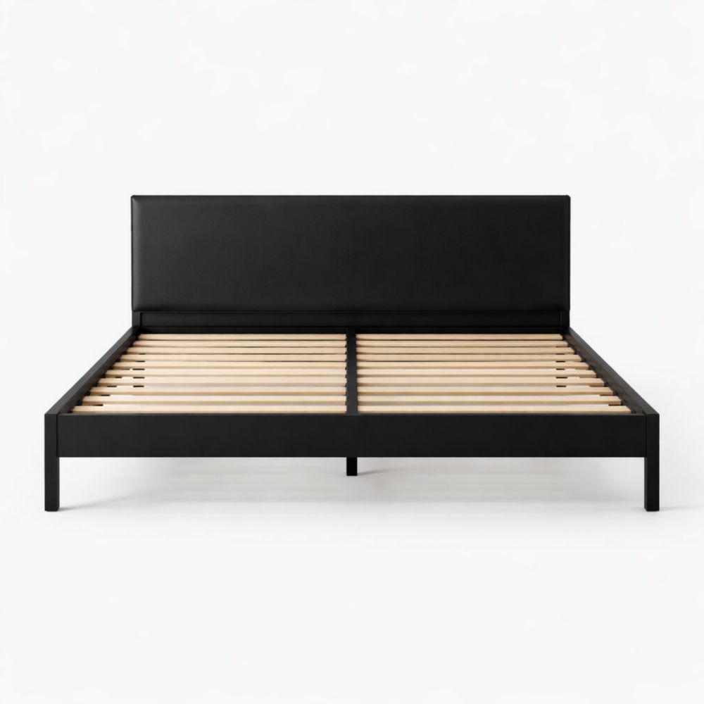 Lit double cadre métallique noir avec tête de lit en simili cuir-Hemloxyn