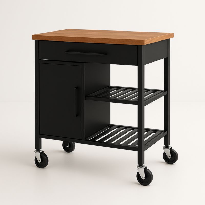 Chariot de Cuisine à Roulettes en Bois et Métal Noir-Junixwood