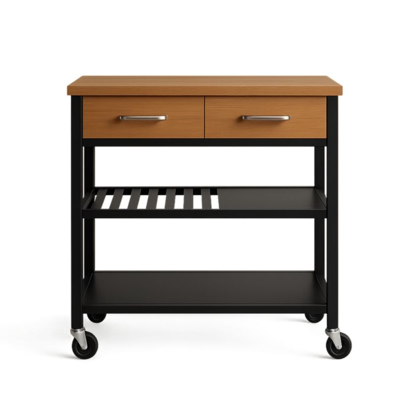 Chariot de cuisine en métal et bois avec roulettes et 2 tiroirs-Junixwood