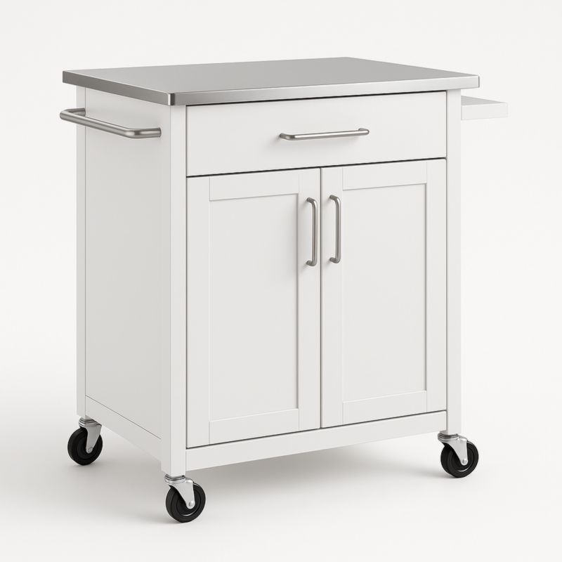Chariot de cuisine mobile en bois blanc avec plateau en acier inoxydable-Junixwood