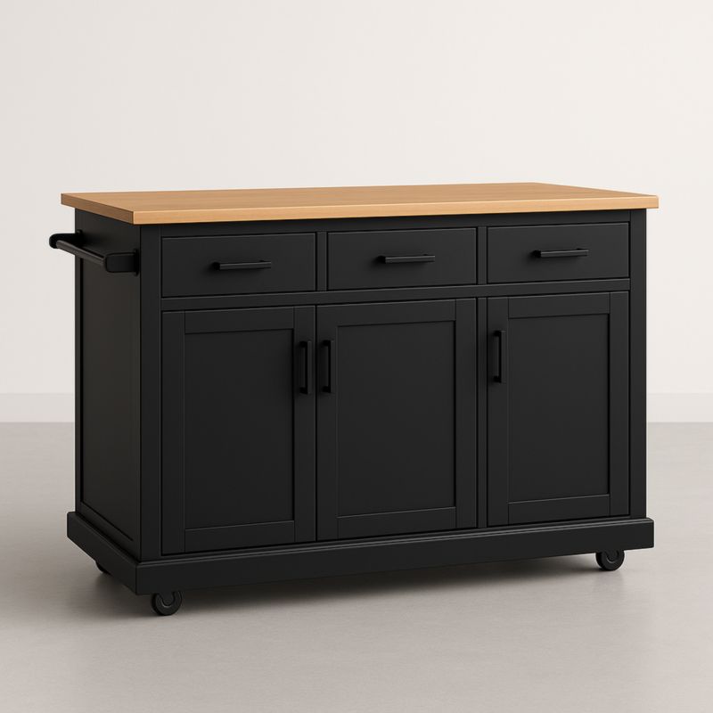 Chariot de cuisine en bois et acier noir avec plateau trois tiroirs, deux portes 120x50x90 cm-Junixwood