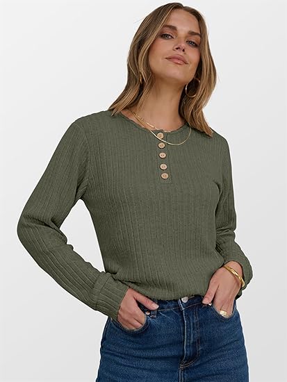 Womens Long Sleeve Henley Shirts Button Down Tunic Tops Fall Lightweight Sweaters Business Casual Blouses 2026