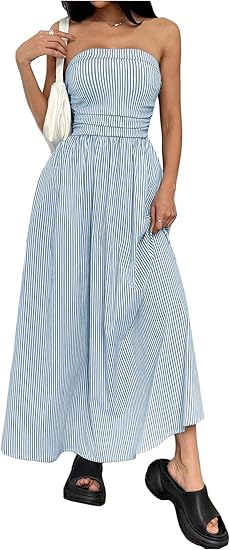 Women's Striped Strapless Maxi Dress Summer Casual Tube Top Long Dresses with Pocket